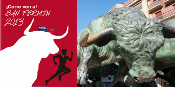 San Fermines de Pamplona, cartel conmemorativo con escultura de toros de calle Estafeta